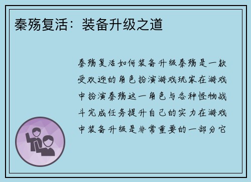 秦殇复活:装备升级之道