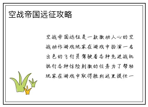 空战帝国远征攻略